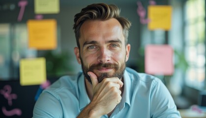 Obraz premium Male Professional with Beard and Thoughtful Expression in Modern Office Setting