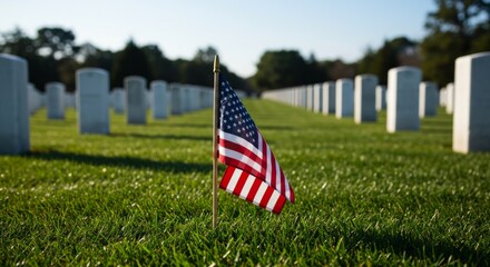 American flag stands vigil among solemn rows of headstones in remembrance