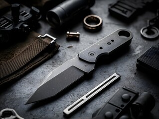 Graphite-finish utility blade on smooth storm cloud background highlights sharp precision in rugged cutting tools