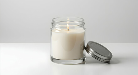 Cream colored candle in glass jar