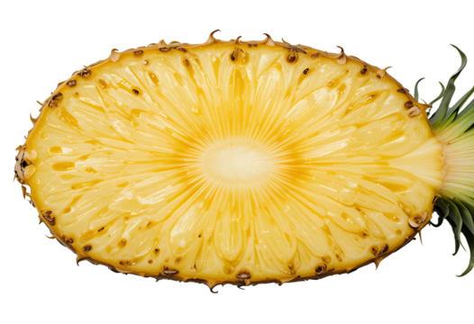 A horizontal cross-section of a ripe pineapple showing its circular core and radial pattern, placed on a white background like a fruit diagram, top-down view, ultra high detail