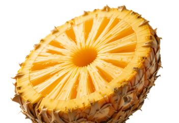 Low-poly 3D render of a half pineapple with geometric cuts and facets, isolated on a white background, stylized and vibrant color contrast
