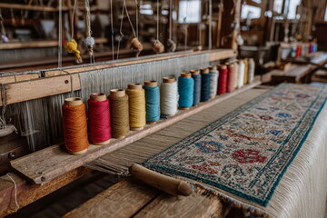 A traditional weaving loom threaded with colorful yarns reflects artisan dedication, cultural craft and the detailed rhythm of handmade textile creation.


