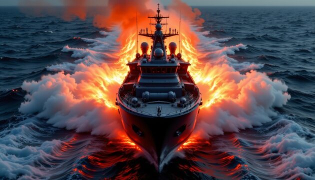 the deafening roar of the ship's engines as it reaches full throttle, powering through the waves with tremendous speed and agility.