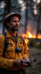 Determined caucasian male adult firefighter monitoring wildfire in forest wearing yellow protective gear and helmet with flames visible in background during emergency response operation