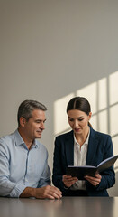 woman attorney showing document to man client providing advisory service