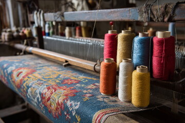 A traditional weaving loom threaded with colorful yarns reflects artisan dedication, cultural craft and the detailed rhythm of handmade textile creation.

