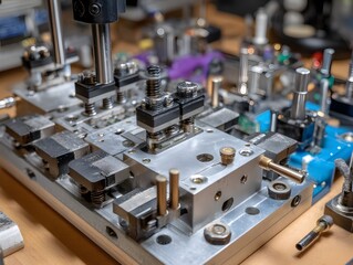 Precision assembly jig holding components in top-down mechanical shot illustrating high-tech efficient manufacturing processes