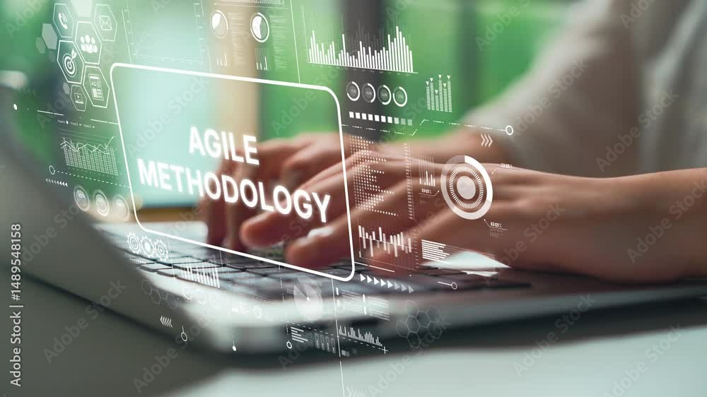 Poster Hands Typing on Laptop with Agile Methodology Concept Overlay and Data Analytics Visuals in Modern Workspace Setting. Asymptotic smart data analytic.