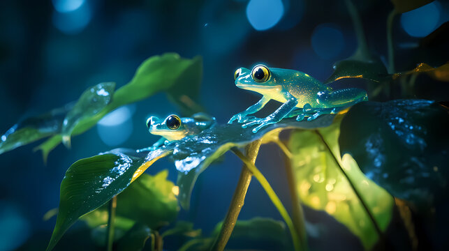 glowing frogs rainforest glass