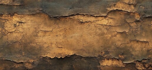 Naklejka premium Rough textured surface with peeling and cracked layers in varying shades of brown and dark gray illustrating decay and wear