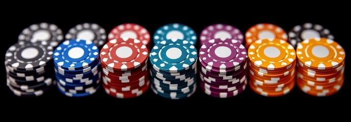 Close-up of neatly stacked colorful poker chips arranged in rows on a black background conveying a sense of gaming and excitement