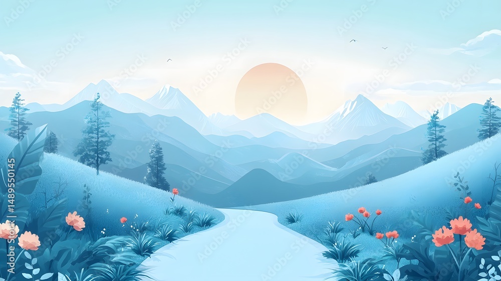 Poster flat onboarding welcome screen showing mood-to-wellness path animated in light blue tones