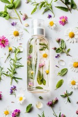 Botanical beauty product surrounded by fresh flowers and herbs.