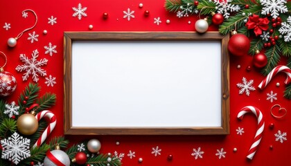 a beautifully crafted christmas sign banner frame showcasing a blank space ready for customized messaging or artwork, set against a rich red backdrop adorned with sparkling snowflakes