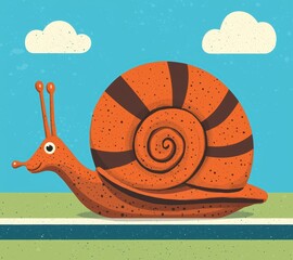 Cute Cartoon Snail with Orange Shell in Colorful Landscape Setting