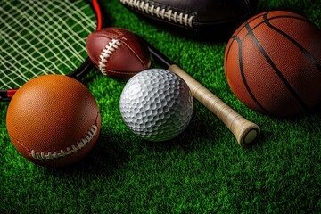 Assorted sports equipment on artificial turf