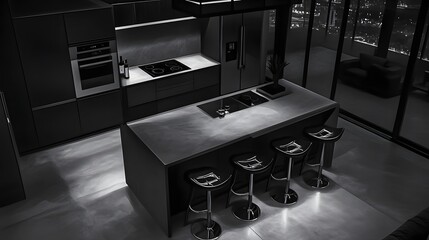 Modern, minimalist kitchen interior, dark tones, viewed from above.