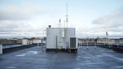 Obraz premium Rooftop with industrial equipment and antenna under overcast sky