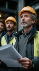 Confident caucasian male senior construction manager looking upward while holding blueprints at building site with team members in hard hats and safety vests examining structural progress