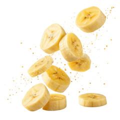 Banana Slices in Freefall: Perfectly sliced banana rounds cascade, captured in a high-angle view, offering a vivid depiction of freshness and the simple joy of pure, healthy food.