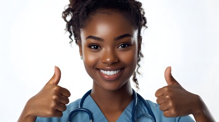 Friendly corporate nurse giving soft thumbs-up after new hire final check-out, white clinical background, photo-realistic