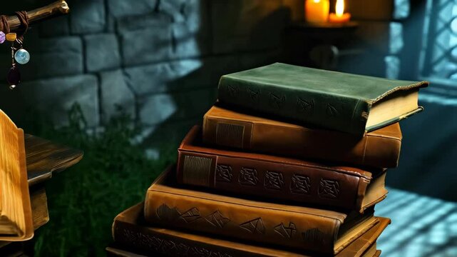 Antique grimoire open on table with esoteric symbols, wizard's wand, and stack of old leatherbound books in dark fantasy setting