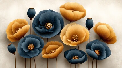 flower bunch of blue and yellow poppies on white background with copy space.