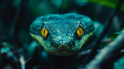 Fototapeta premium Close-up of a vibrant blue snake with striking yellow eyes, its scales and texture sharply defined against a dark, blurred background of foliage