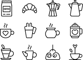 Coffee shop menu icons croissant coffee tea