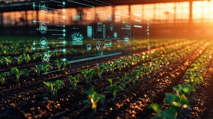 Futuristic digital farm tech in radiant dawn light, high-angle view through window, Abstract style with smart agri icons, Inspiring and vivid.