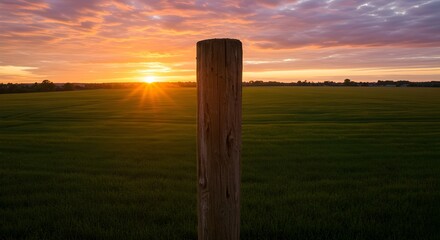 Wooden Post in a Green Field at Sunset