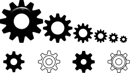 Black gear icons set mechanical engineering design