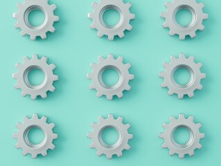 Gray Gears on Mint Background Arranged in a Symmetrical Pattern