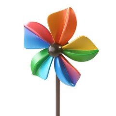 Isolated multicolored pinwheel toy with spectrum blades and brown stem on white
