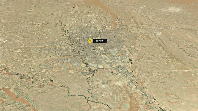 Aerial Satellite Map Animation of Riyadh, Saudi Arabia With Dynamic Clouds With English City Label