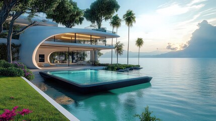 Fototapeta premium Modern waterfront house with curved architecture, infinity pool overlooking calm ocean, surrounded by palm trees and vibrant greenery during a serene sunset