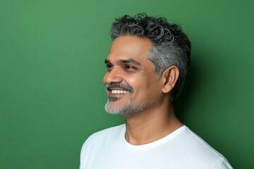 Fototapeta premium Visual pattern of style for aging men. A serene and handsome man posing in style. Green solid background. Modish men's slicked back haircut - midlife indian man with curly hair.