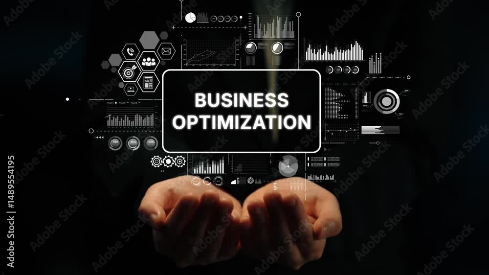 Poster hands holding business optimization concept with data graphics and digital interface elements for pr
