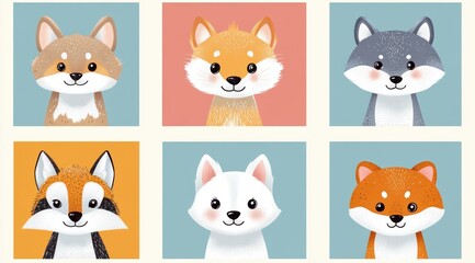 Fototapeta premium Cute smiling cartoon faces of six different foxes or similar wild canines in colorful square backgrounds smiling happily
