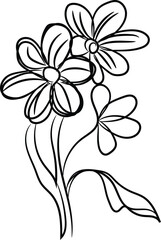 Simple Line Drawing of Three Delicate Flowers and Leaves