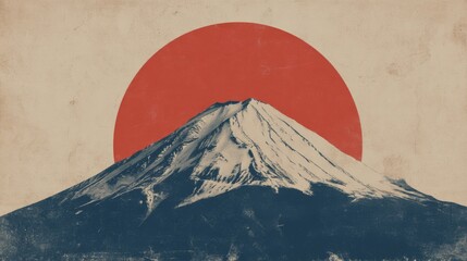 A poster with a stylized depiction of mountains, akin to the old Japanese art of ink painting.