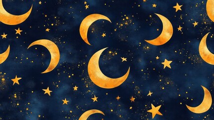 Naklejka premium Gold moons and stars night sky seamless pattern celestial design dark blue background sparkle texture