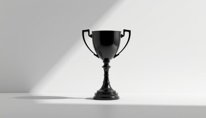 a sleek black trophy cup, rendered with meticulous realism, stands majestically against the stark backdrop of a pure white background in a vibrant, cartoonish 3d illustration