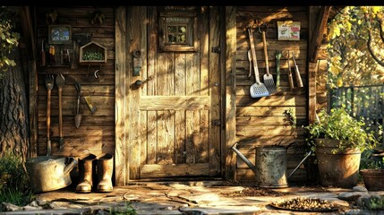 Rustic wooden garden shed door with tools and plants under warm sunlight
