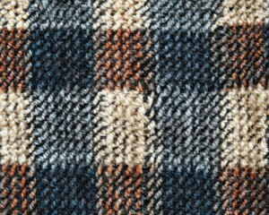 Fototapeta premium Close-up of a textured wool fabric with a checkered pattern featuring dark blue, brown, beige, and gray squares