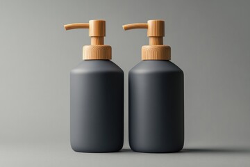 Two dark-grey bottles with bamboo pumps