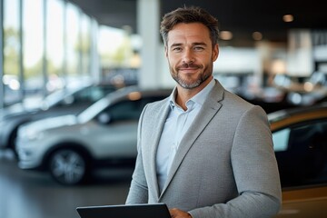 Fototapeta premium Confident businessman wearing a light grey blazer and white shirt standing inside a modern car showroom with blurred cars in the background
