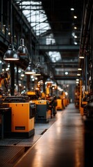 Atmospheric industrial manufacturing facility with rows of yellow machinery and hanging metal lamps in dark spacious factory with high ceiling and natural light
