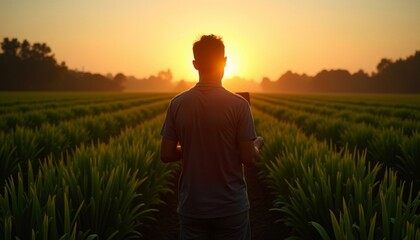 Fototapeta premium Man Standing in Field at Sunset